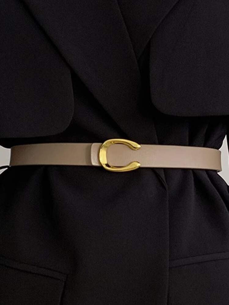 1pc Ladies' Beige Cowhide Leather Flat C Stud Buckle Belt In Gold Casual | SHEIN