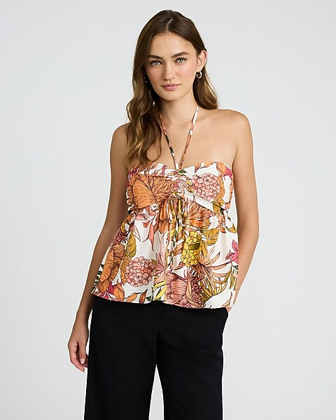 Floral Ruched Tie Halter Sleeveless Top | Express