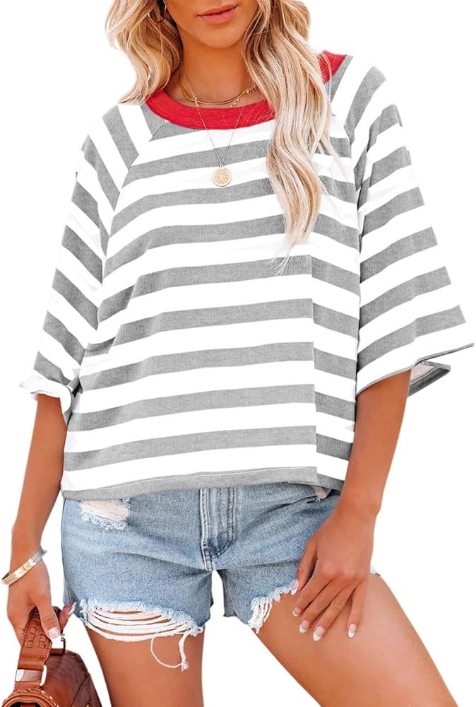 Dokotoo Tops for Women Striped 2024 Fashion T Shirts for Women Color Blocking Design Loose Basic ... | Amazon (US)