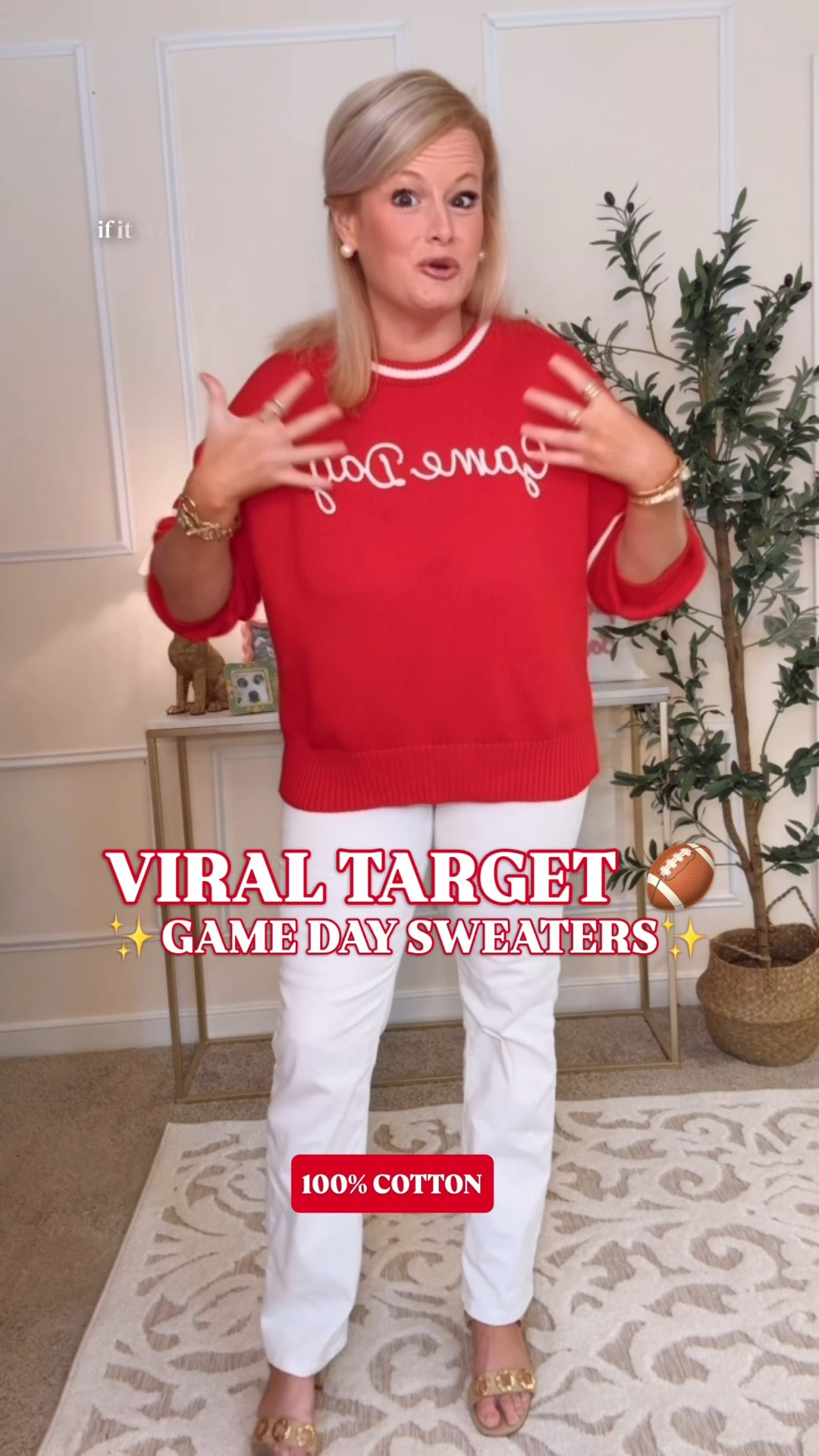 Target game day sweater | college football outfit | tailgate outfit | NFL game outfit | football season outfit

I could not care less who wins. I do care that the game day outfit is comfortable, polished, and on budget. I earned that degree in college. 🤪

These Target game day sweaters make the outfit part very easy: 100% cotton heavyweight jersey, chain stitched “Game Day” lettering, varsity stripe trim, crew neckline, drop shoulder sleeves, and ribbed cuffs and hem.

I sized up to a large for an oversized fit. Stick with your normal size for the intended standard fit.

There are team colors for college football, NFL games, high school football, alumni weekends, and watch parties, so grab the color that belongs in your stadium.

Wear it with white jeans, denim shorts, a denim skirt, pleated skort, boxer shorts, leggings, cowboy boots, loafers, or sneakers. Add a button down underneath once football weather finally arrives.

Last year’s Target game day collection went viral and sold out, and these have the same easy formula. One sweater handles college football Saturdays, tailgates, stadium outfits, sorority game day, football mom outfits, campus weekends, NFL games, and watch parties all season.

Target game day collection, Target game day sweater, Target football outfit, Target finds, Target style, Wild Fable sweater, game day outfit women, college football outfit women, football game outfit, tailgate outfit women, NFL outfit women, stadium outfit, SEC game day outfit, Big Ten game day outfit, sorority game day outfit, football mom outfit, school spirit outfit, varsity sweater women, red game day sweater, cotton sweater women, preppy game day outfit, sporty preppy style, fall football outfit

#LTKFindsUnder50 #TargetFinds #TargetStyle #GameDayOutfit #CollegeFootball #TailgateOutfit #FootballSeason #PreppyStyle

#LTKSeasonal #LTKootd #LTKMidsize