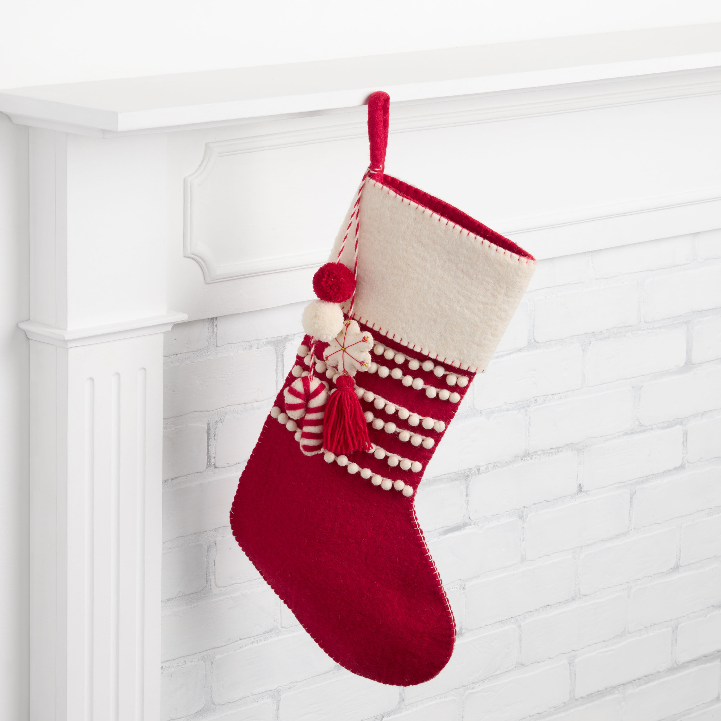 Red and White Felted Wool Tassel Christmas Stocking | World Market