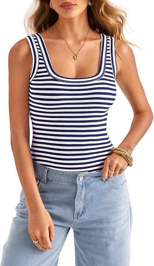 Womens Square Neck Ribbed Tank Tops Sleeveless Basic Tops Sexy Slim Fit Summer Clothes 2025 | Amazon (US)