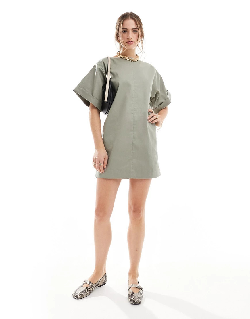 ASOS DESIGN twill boxy T-shirt mini dress in green | ASOS (Global)