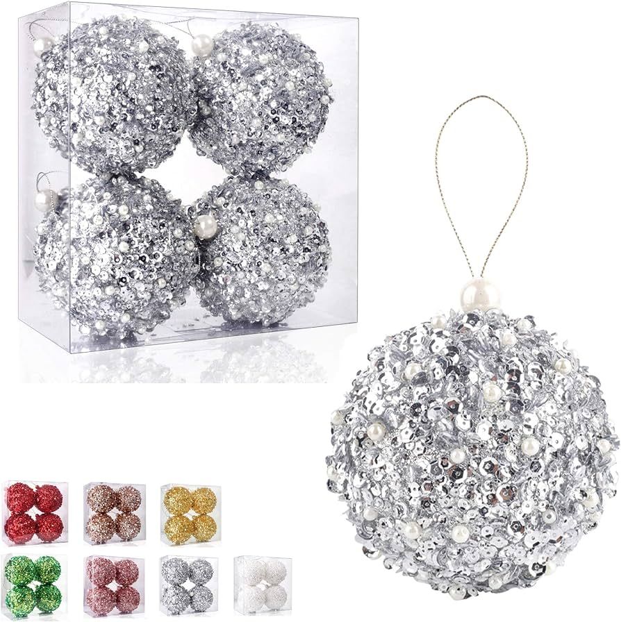 Large Size&Material:4pc set Silver Christmas Ornament, 4.25 inch Christmas tree decorations ba... | Amazon (US)