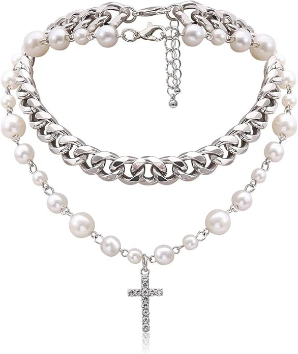 Pearl Cross for Women Silver Crystal Cross Pendant Punk Chain Choker Necklace | Amazon (US)