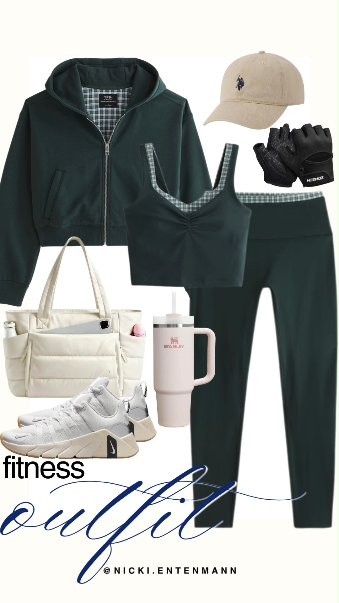 Elevate your workout look with this polished fitness outfit edit. A forest green sports bra with plaid trim pairs perfectly with matching high-waisted leggings and a full-zip YPB hoodie. White trainers, a cream puffer gym tote, a Stanley tumbler, black weightlifting gloves, and a beige cap finish this preppy active ensemble.

#fitnessoutfit #athleisure #ypb #fallfashion #workoutstyle #activewear #preppycasual 

 #LTKootd #LTKfitnessgoals #LTKActive