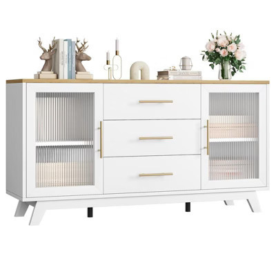 Beige/Khaki Coffer Bar Cabinet with 2 Fluted Glass Doors, 56" Modern Sideboard Buffet Cabinet with 3 Drawers, White Large Storage Cabinet for Kitche | Target