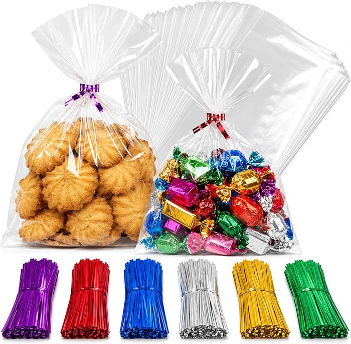 200 Clear Treat Bags 6'' x 9'' (15.2 x 23cm) with 4" Twist Ties 6 Mix Colors - Thick OPP Plastic ... | Amazon (US)