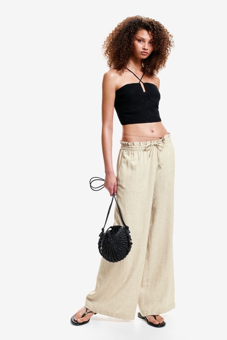 Linen-blend Pull-on Pants - Regular waist - Long - Light beige melange - Ladies | H&M US | H&M (US + CA)