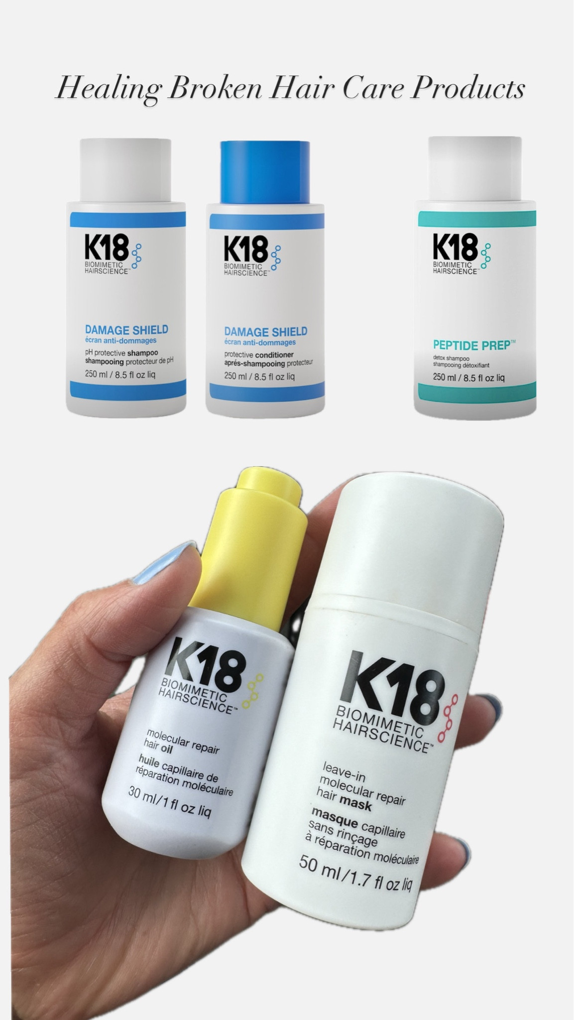 Having 3 babies within 4.5 years plus so many years of constant highlighting has left my hair in a bit more of a broken/damaged state. My hairstylist is passionate about actually protecting and restoring my hair back to a healthy state and highly recommend the K18 line. I have been using these products for about 5 months now and really feel like my hair is finally starting to feel and look so much healthier. I know it is a long journey with my hormones changing but I am so eager to continue to use these products and get my healthy hair back! 

#LTKStyleTip #LTKFindsUnder50 #LTKBeauty