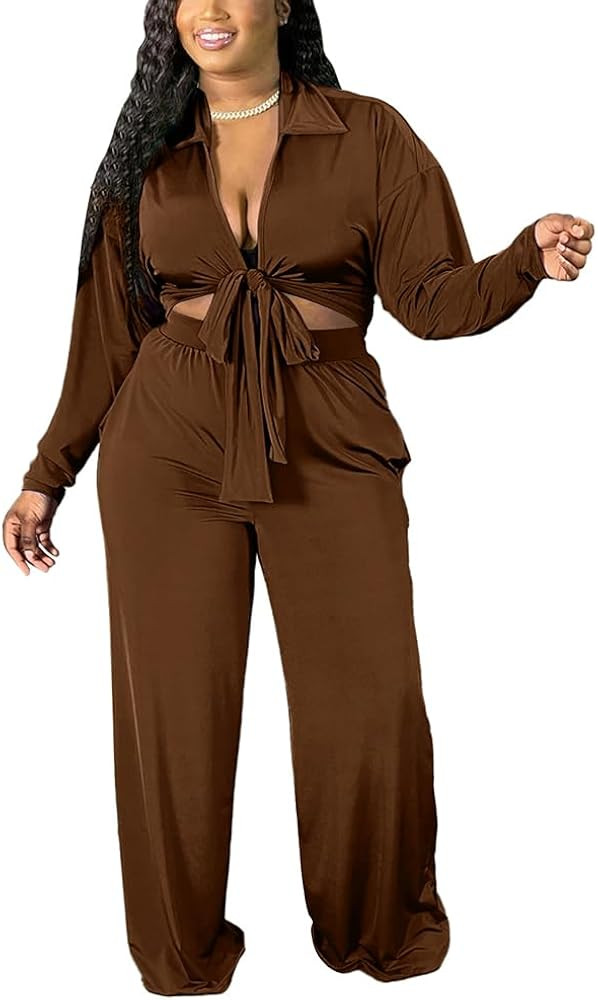2 Piece Outfits for Women Sexy V Neck Print Shirts Tie Knot Batwing Blouses Crop Top Wide Leg Pan... | Amazon (US)
