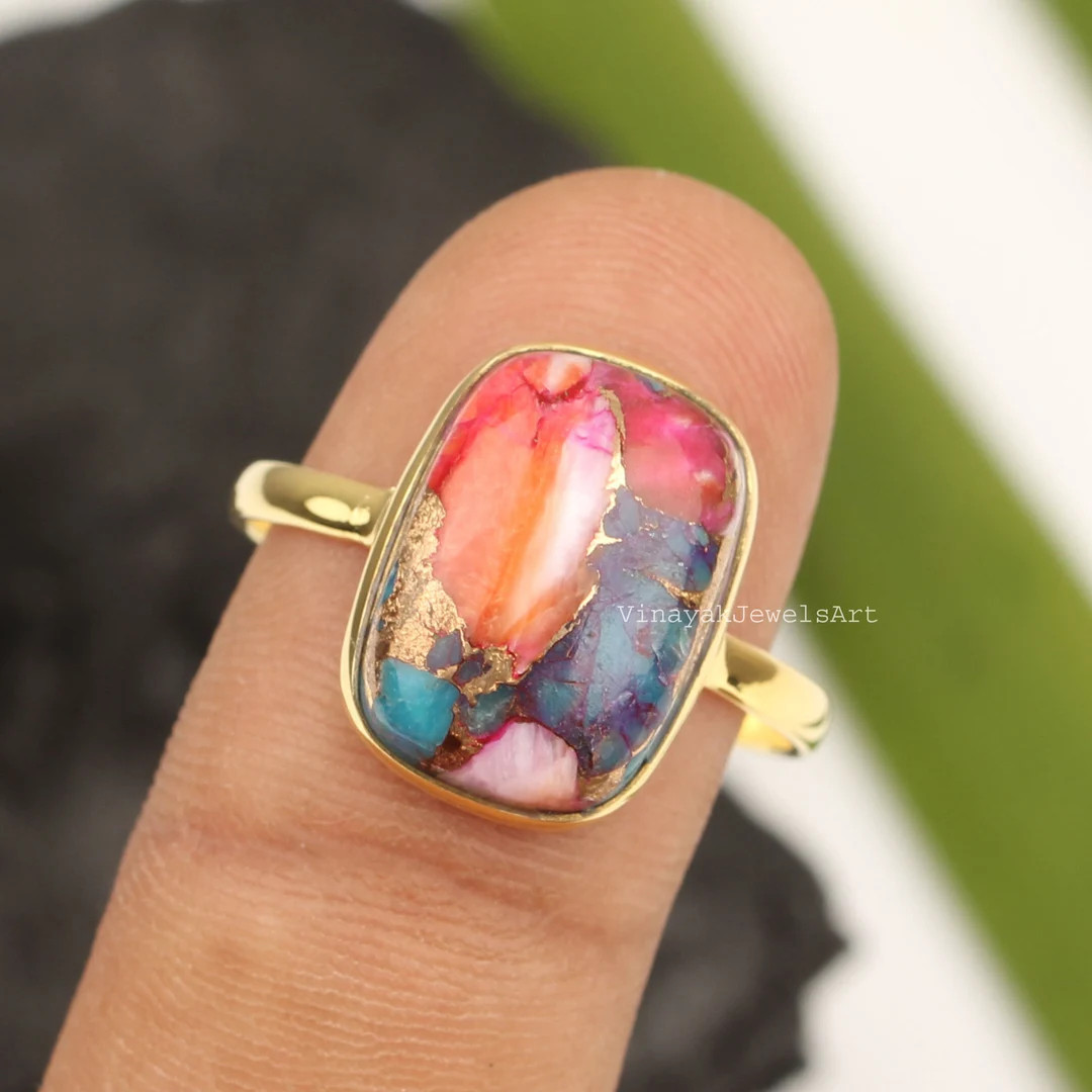 Orange Dahlia Copper Turquoise Ring 10x14mm Cushion Orange Dahlia Ring 18K Micron Gold Plated Rin... | Etsy (US)