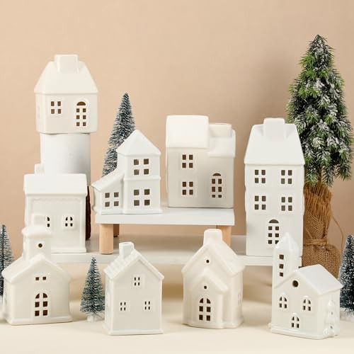Leitee 22 Pcs Ceramic Christmas Village Set Include 9 Christmas Village Houses 13 Christmas Trees for Xmas Scene Decor Winter Holiday Party Village Figurine Tabletop Decoration(White Roof) | Amazon (US)