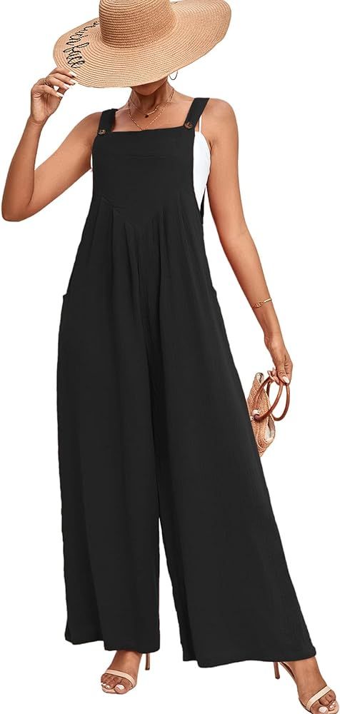 LYANER Women's Summer Baggy Wide Leg Cotton Linen Overalls Spaghtti Straps Jumpsuit with Pockets | Amazon (US)