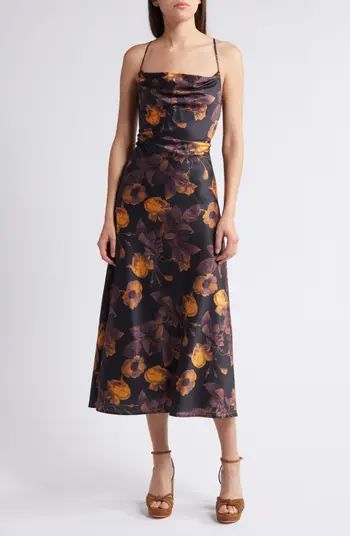 Amberlust Floral Square Neck Satin Midi Dress | Nordstrom