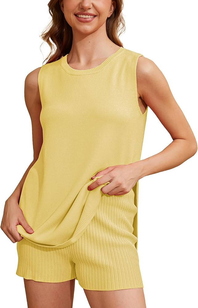 Women Summer Knit Sweater Set Two Piece Outfits Sleeveless Tunic Tank Top Matching Shorts Vacatio... | Amazon (US)