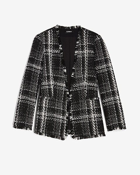 Plaid Collarless Boucle Jacket | Express