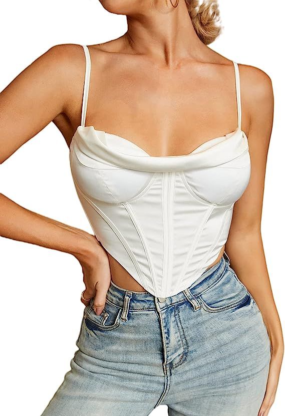 Satin Spaghetti Strap Party Crop Top Rave Cute Zip Back Outfits Corset Y2K Fashion Bustiers for W... | Amazon (US)