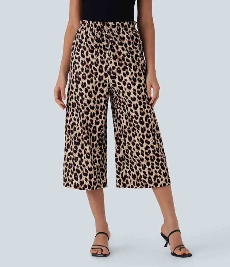 Women’s High Waisted Drawstring Leopard Print Wide Leg Capri Casual Pants with Side Pockets - H... | HALARA