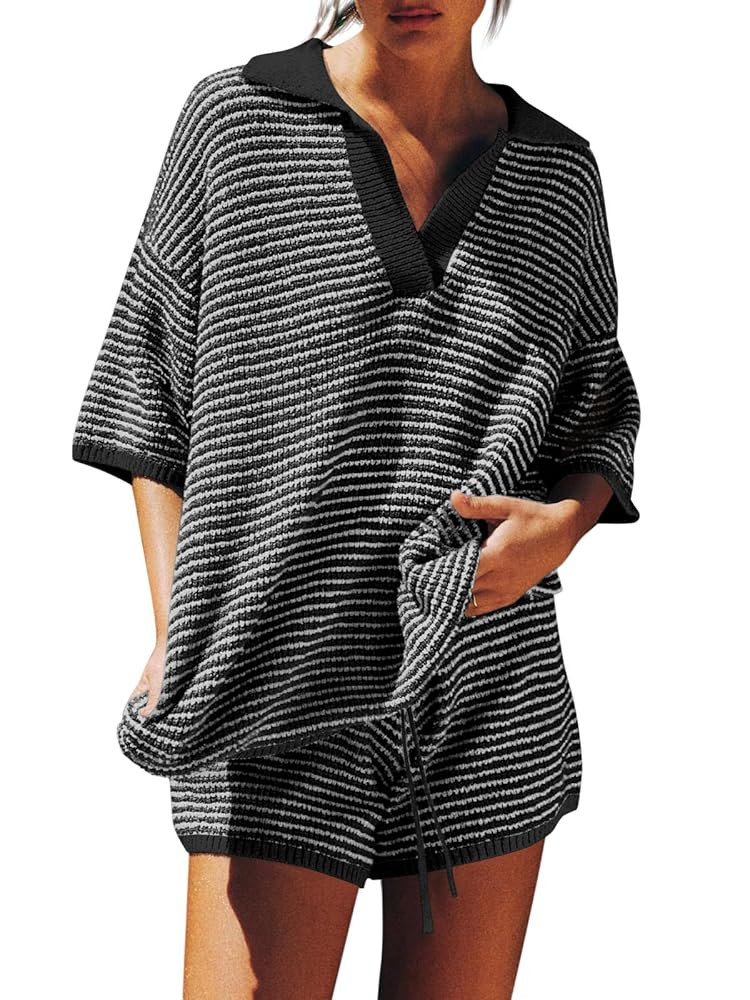 Tankaneo Womens Sweater Set 2 Piece Outfits Oversized 3/4 Sleeve V Neck Knit Tops High Waisted Sh... | Amazon (US)