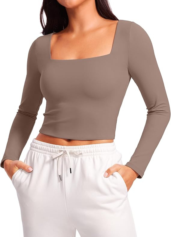 CRZ YOGA Womens Butterluxe Double Lined Long Sleeve Crop Top Square Neck Workout Athletic Casual ... | Amazon (US)