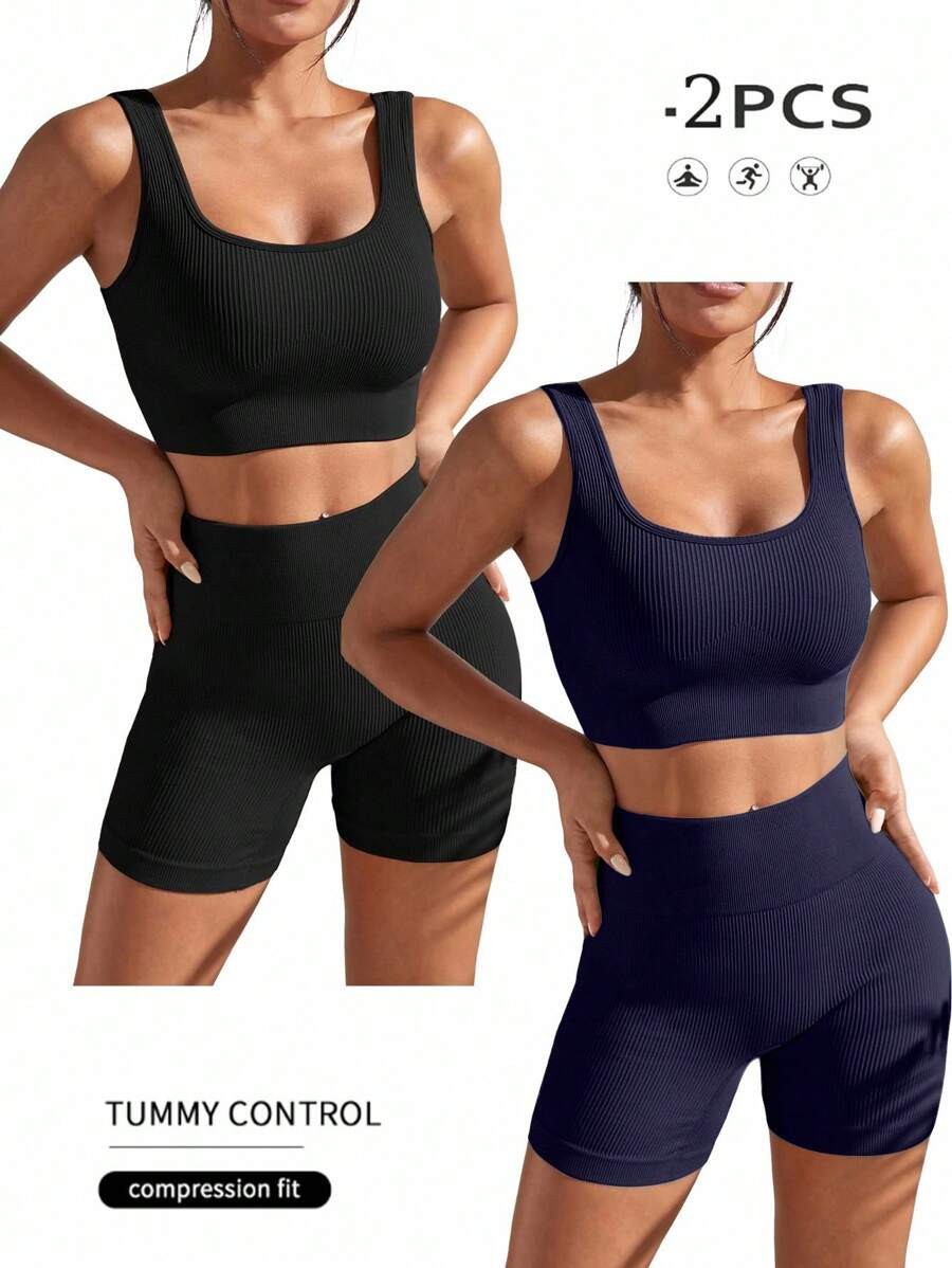 Slayform Slayform 2 Pcs Women Solid Ribbed Tank Top & Shorts Seamless Sports Suits Workout Women ... | SHEIN
