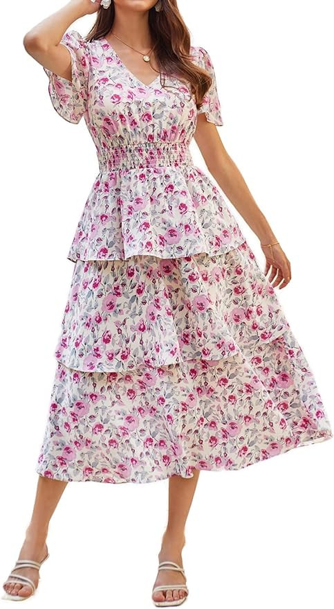 GRACE KARIN Women's 2025 Floral Summer Long Midi Dress V Neck Short Sleeve Ruffle Tiered Layered ... | Amazon (US)