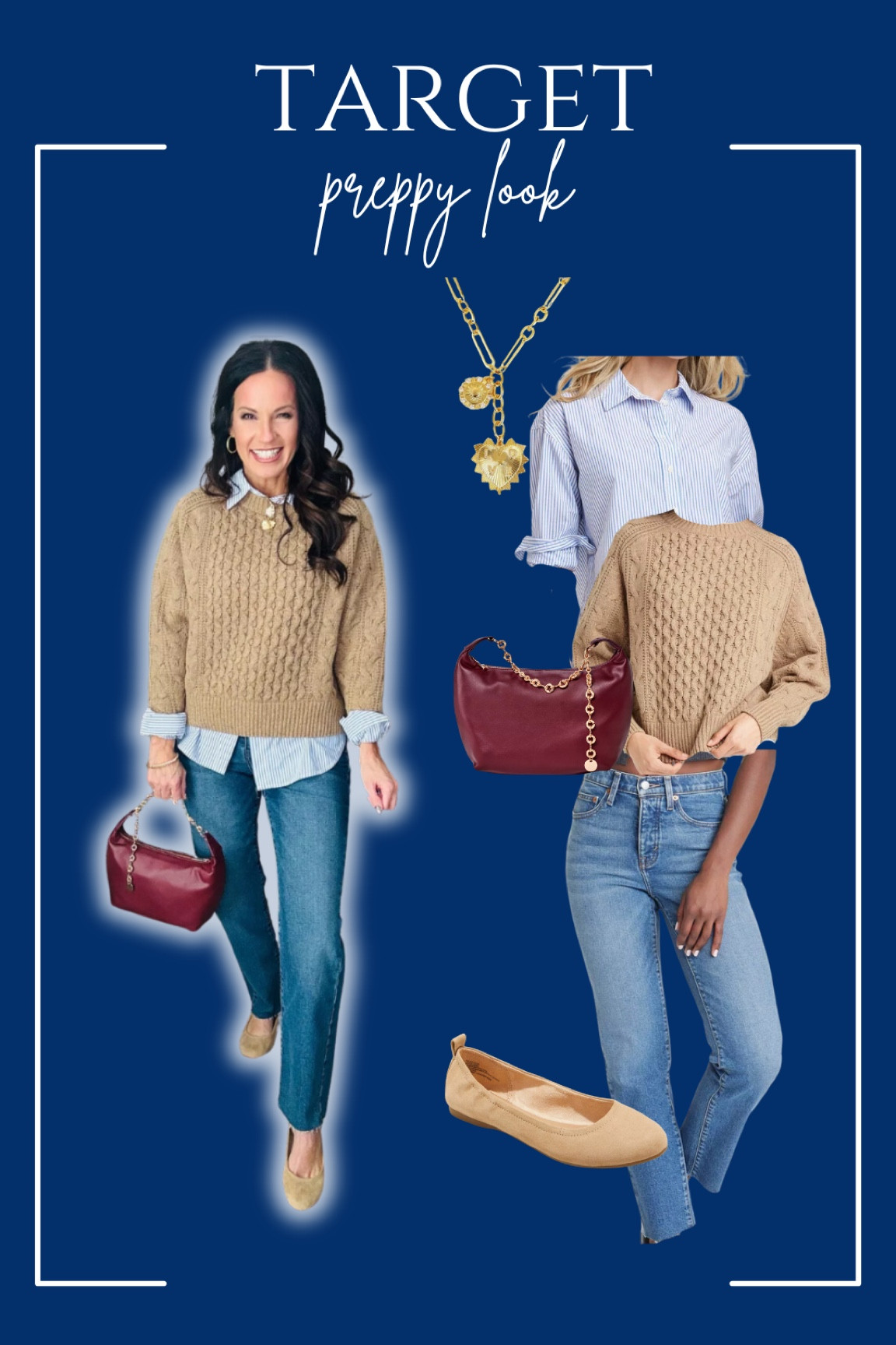 Loving this preppy mom look from Target! The jeans are more of a rigid denim so they hold the tummy in. The striped button down is a great length and I thought it paired perfectly with this cable knit sweater!

5’3/129lbs/34D
Bra is a med // XS in button down-size down // small sweater // 6 in jeans- size up run small // flats run TTS



#LTKStyleTip #LTKFindsUnder50 #LTKOver40