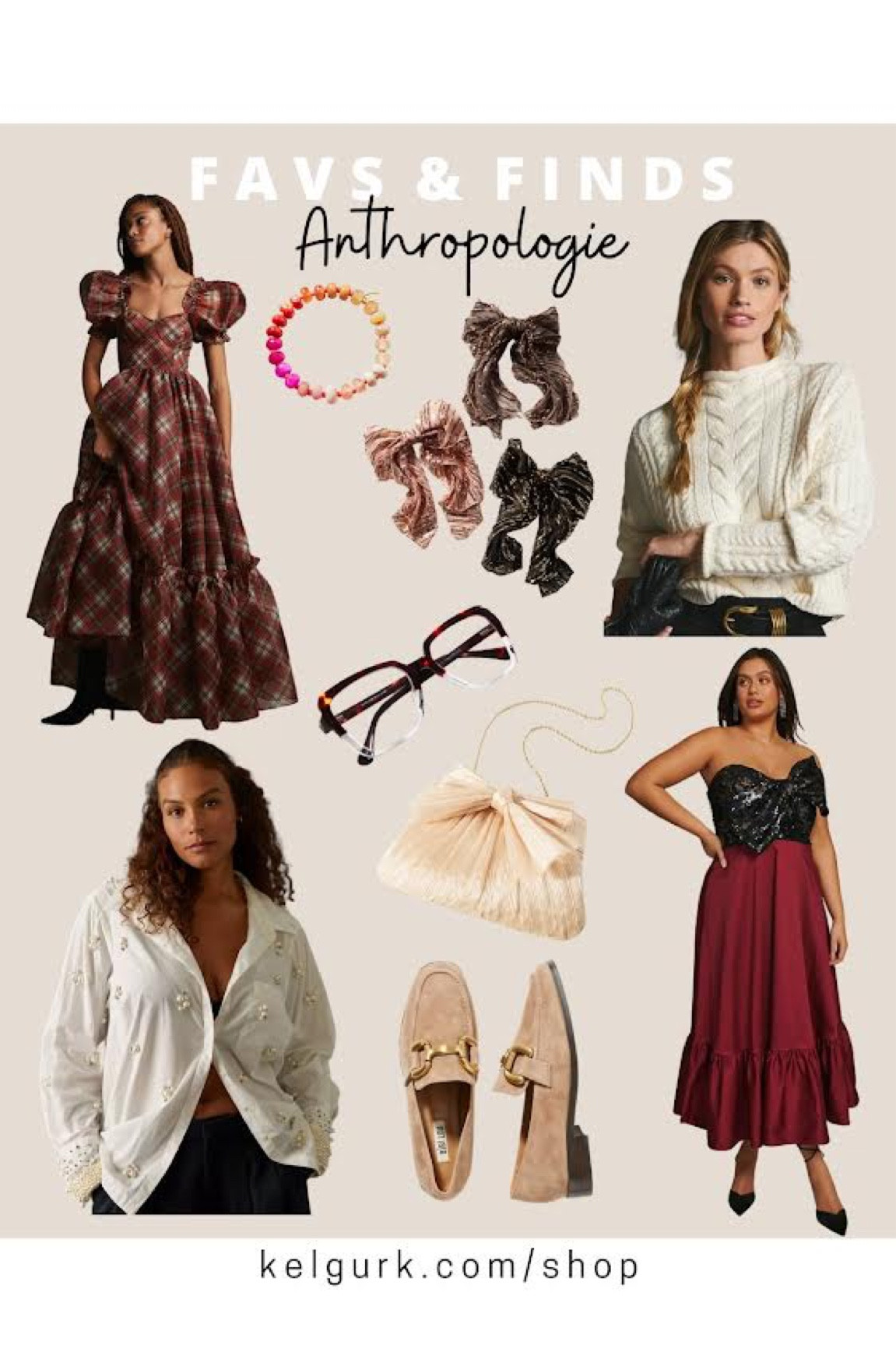 Anthropologie Favs & Finds: Selkie plaid gown, rainbow bead bracelet, sequin statement hair bows, cable knit sweater, bow top dress, embellished dress shirt, nude loafers, blue light glasses, bow purse 

#LTKFind #LTKstyletip #LTKcurves