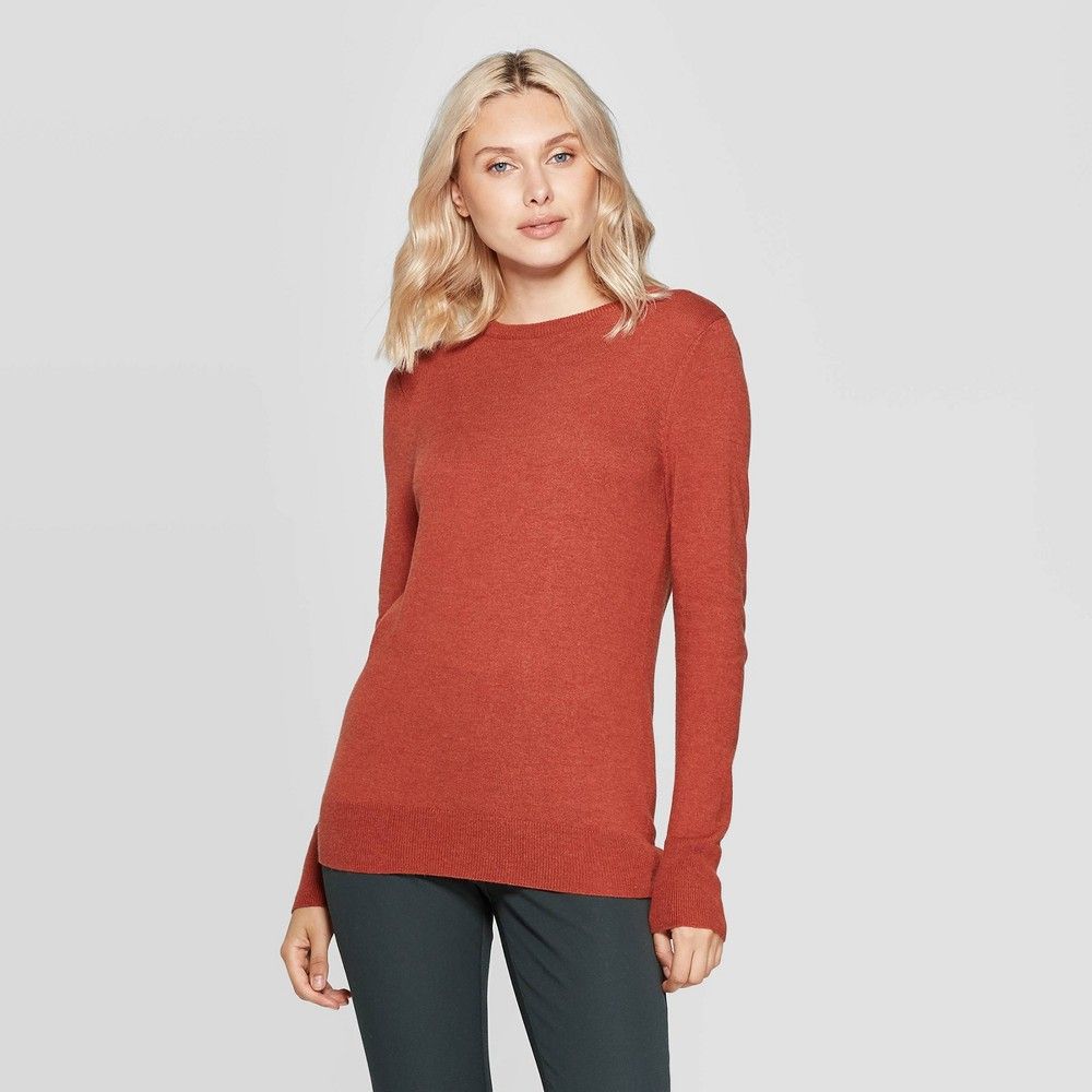 Women's Long Sleeve Ribbed Cuff Crewneck Pullover Sweater - A New Day Rust XL, Red | Target