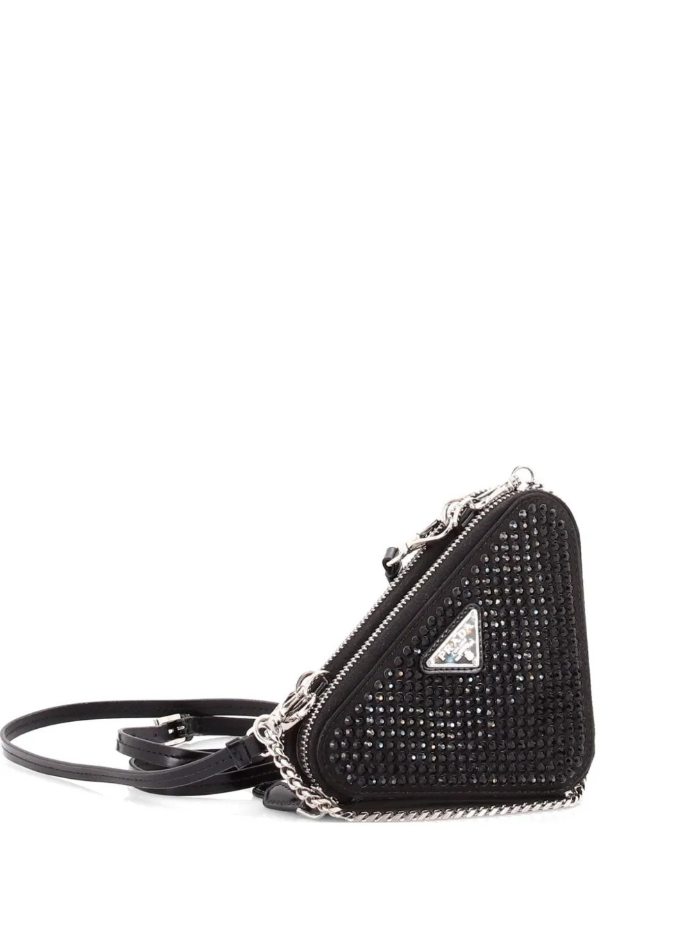 Prada Pre-Owned Triangle Double Pouch Crystal Embellished Satin Mini crossbody bag - Black | Farfetch Global