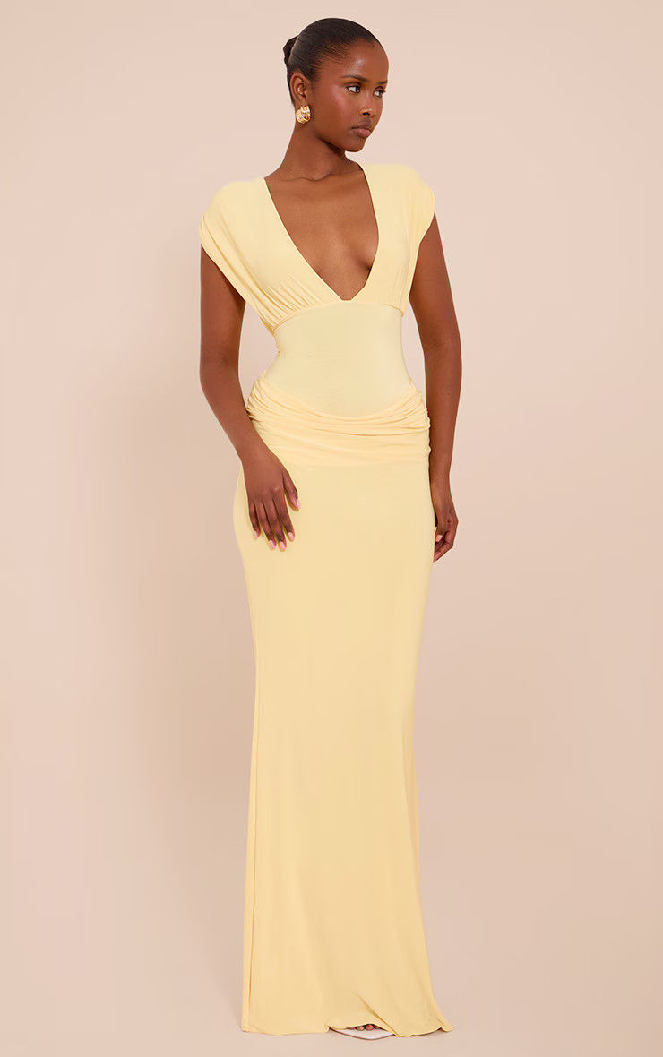 Lemon Double Layer Plunge Ruched Shoulder Drape Waist Maxi Dress | PrettyLittleThing UK