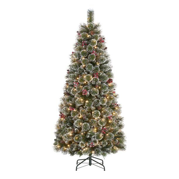 Holiday Time 6.5ft Pre-Lit Glittering Frost Pine Christmas Tree, Warm White LED, Green, 6.5' - Wa... | Walmart (US)