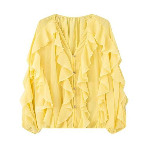 AKODOZO Womens Ruffle Chiffon Blouse Trendy Semi Sheer V Neck Top Long Sleeve Button Down Oversized Shirts Yellow | Amazon (US)