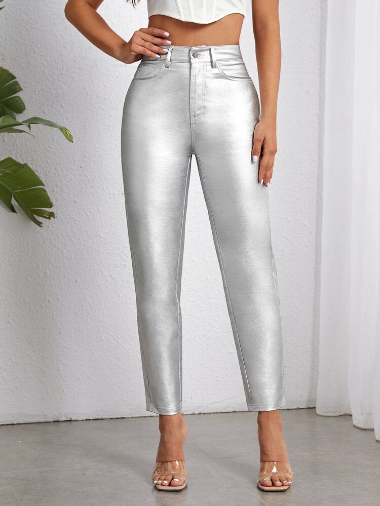 Solid Leather Look Mom Fit Jeans | SHEIN