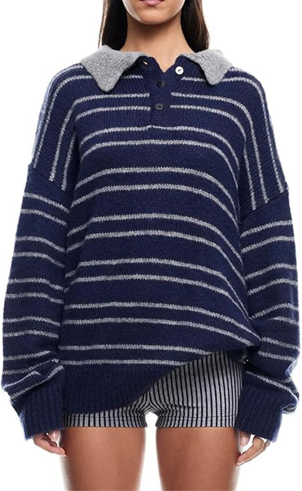 Women Striped Rugby Sweater Y2k Lapel Polo V Neck Long Sleeve Stripes Knit Pullover Tops Vintage ... | Amazon (US)