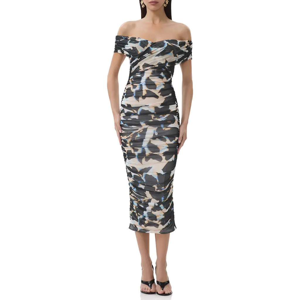 AFRM Belmont Off the Shoulder Ruched Mesh Midi Dress in Shadow Floral at Nordstrom Rack, Size Large | Nordstrom Rack