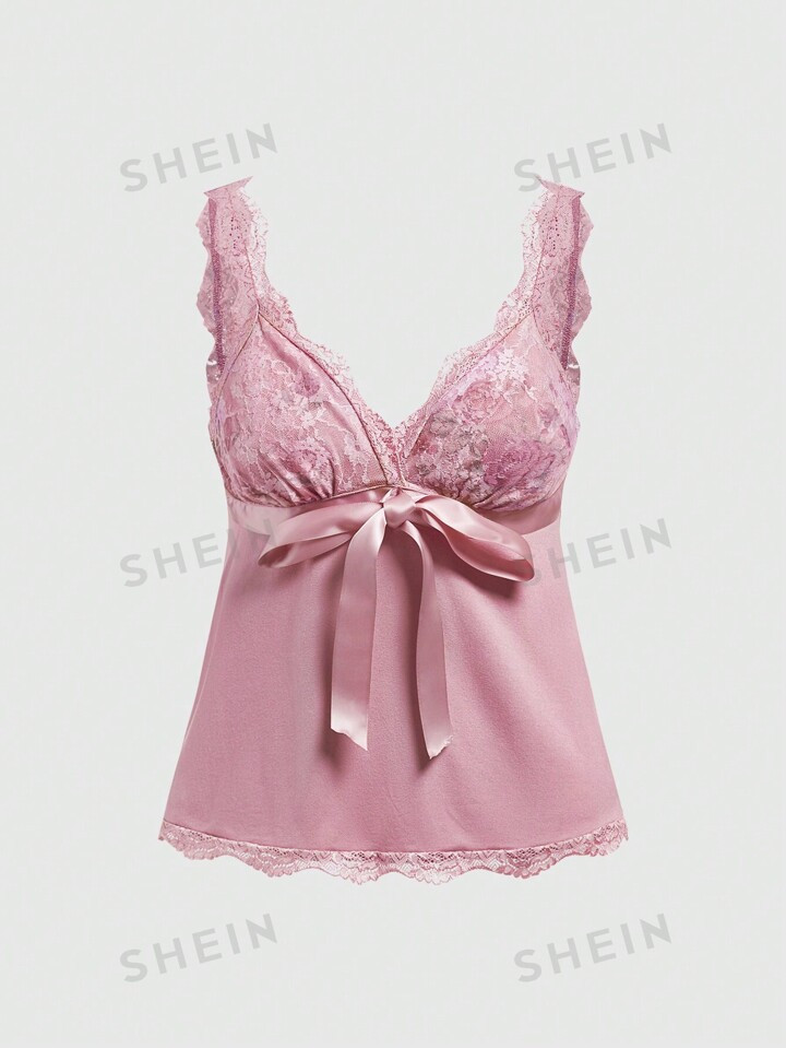 ROMWE Kawaii Women Lace Patchwork Rose Pattern Bow Detail Bow Decoration Doll Style Tank Top For ... | SHEIN