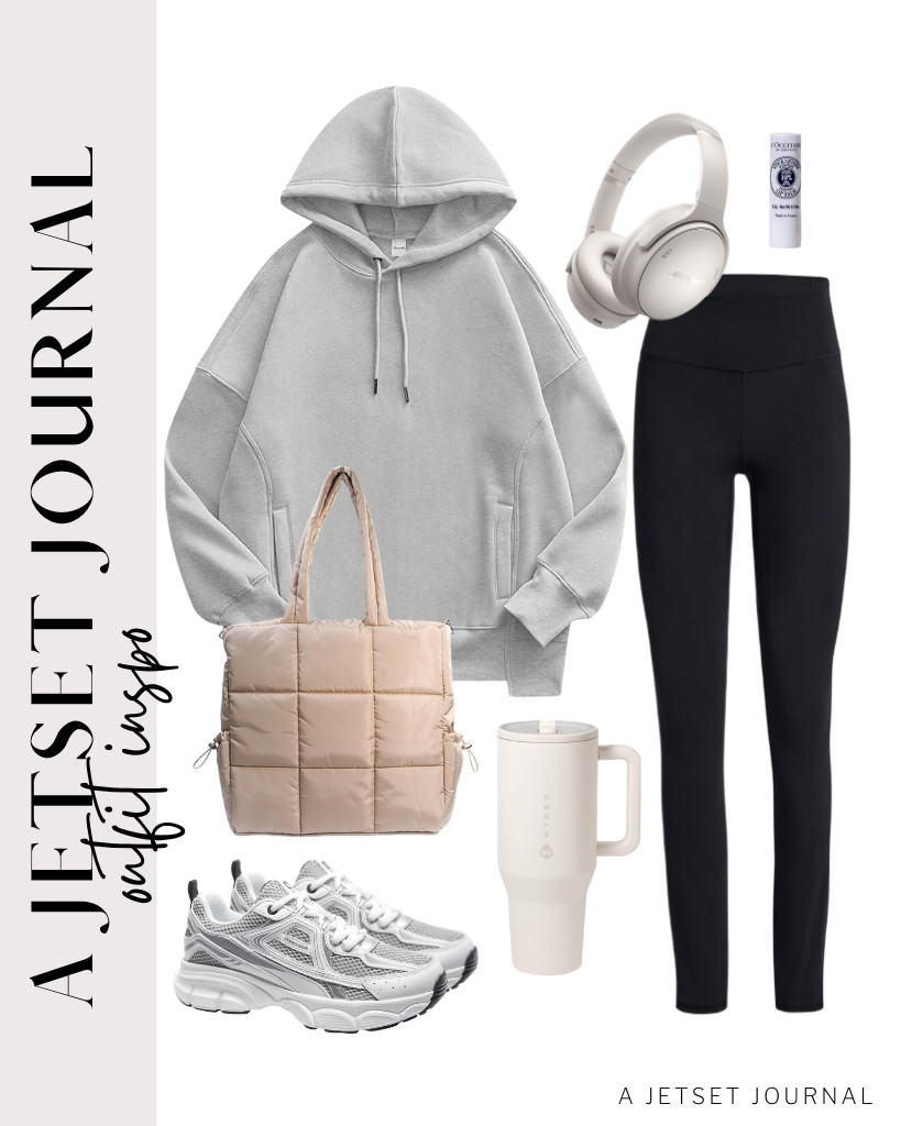 A gray hoodie paired with black leggings is a classic go-to combo. This trendy outfit never gets old. For a more comfy fit, wear these chunky fashion sneakers and carry a puffer quilted tote bag. Dab a bit of L’OCCITANE lip balm to finish the look. 

 #LTKSeasonal #LTKSaleAlert #LTKTravel