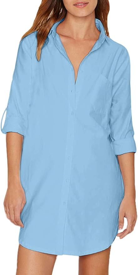 Auxo Women Long Sleeve V Neck Pocket Shirt Dress Tunic Top Casual Solid Charade Blouse | Amazon (US)