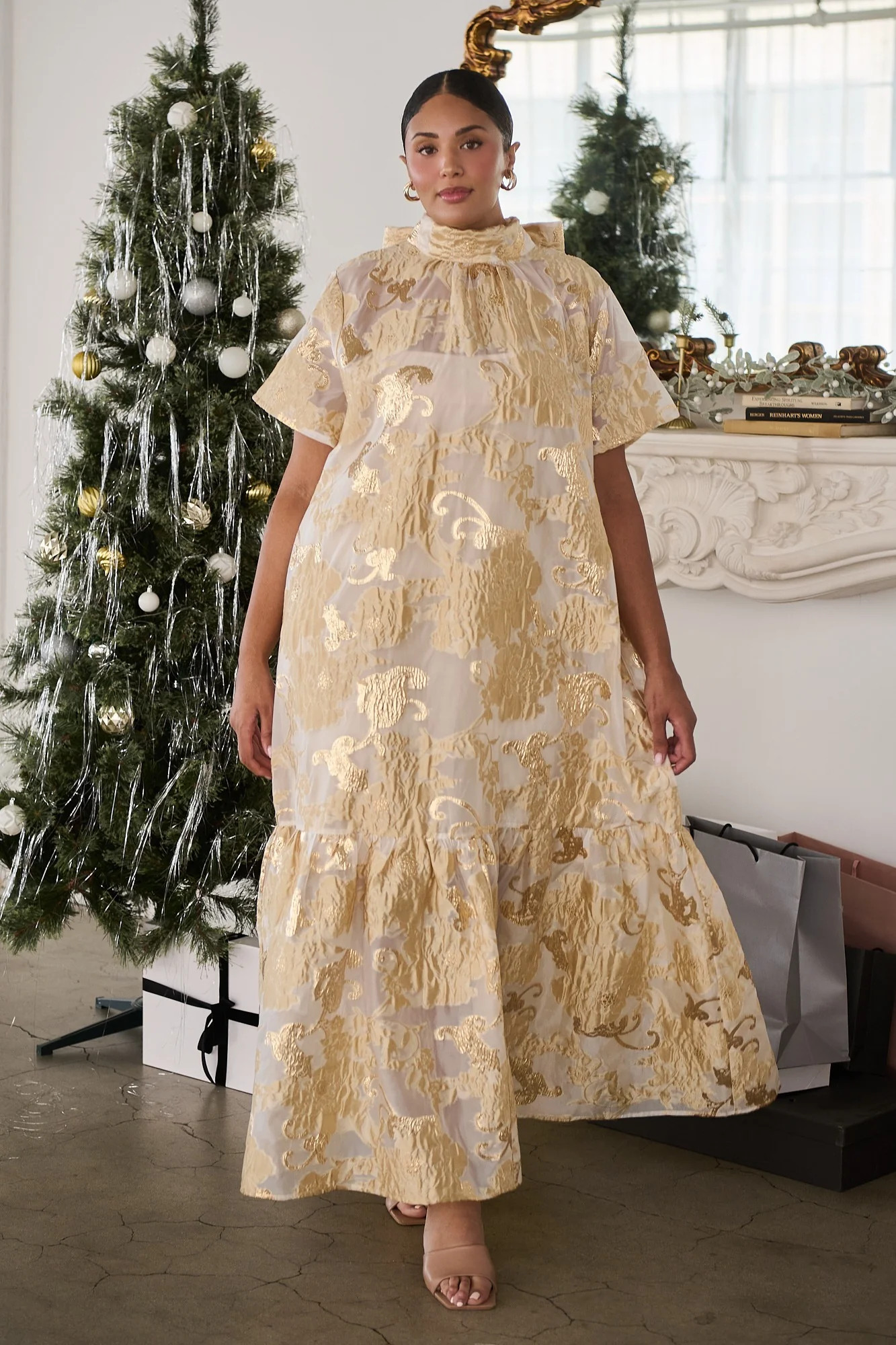Mimy Jacquard Dime Organza Mockneck Maxi Dress Curve | Sugarlips