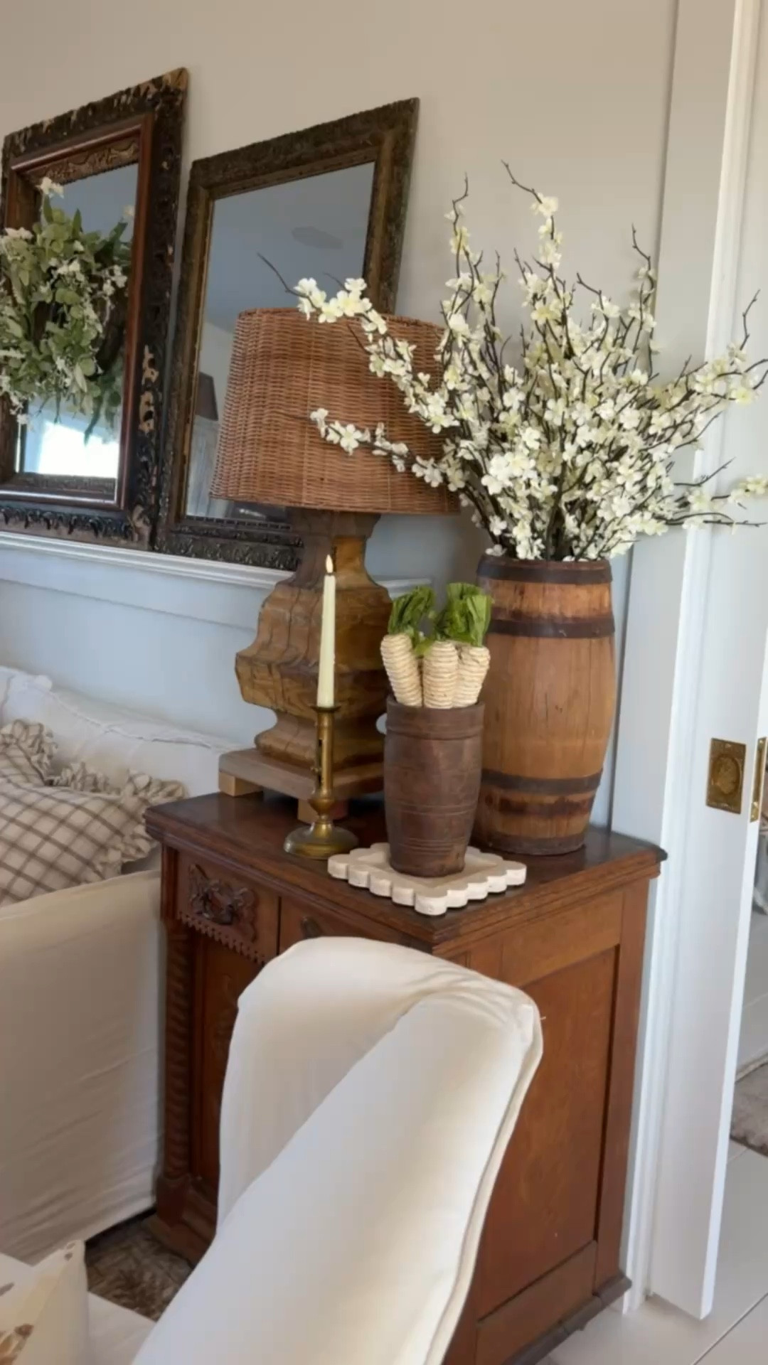 Here is a sample of how we decorated our living room side tables for Spring. They are layered with a variety of heights, textures, and neutral woods and whites. 

#LTKSeasonal #LTKHome