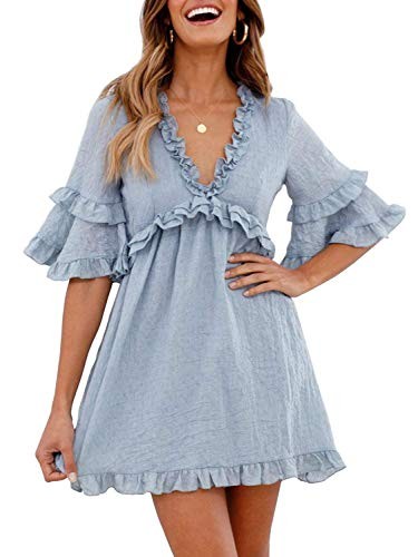 Miessial Women's V Neck Short Sleeve Mini Dress Casual Ruffle Loose Tunic Shirt Dress | Amazon (US)