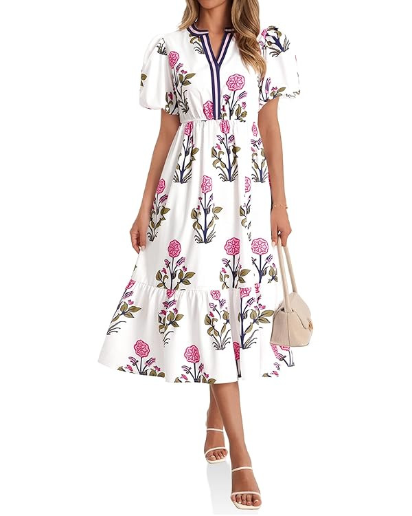 Cicy Bell Womens Summer Floral Print Maxi Dress A Line Puff Short Sleeve V Neck Boho Dresses Flow... | Amazon (US)