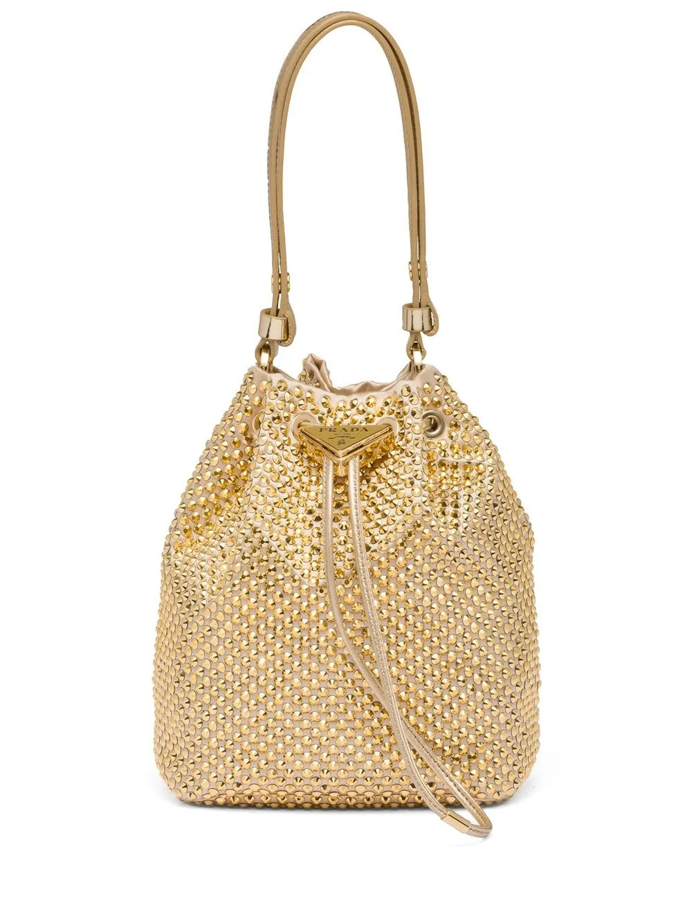 Prada Gold Tone Crystal Embellished Bucket Bag - Farfetch | Farfetch Global