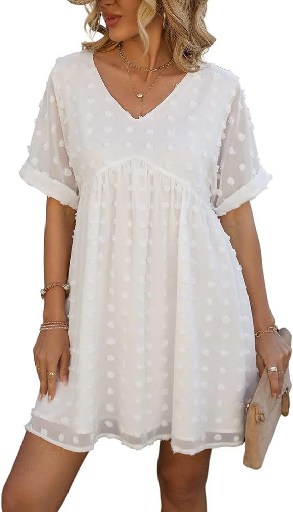 CUPSHE Solid V Neck A-line Short Sleeve Dresses for Women Pot Clip Dot Babydoll Mini Dress | Amazon (US)