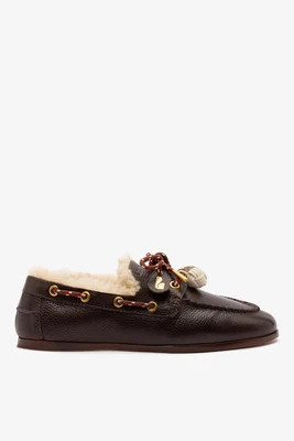 Verona Ballet Flat In Cocoa Leather And Natural Shearling | Larroude