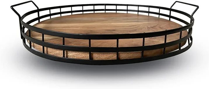 Extra Large Farmhouse Round Wooden Tray with Black Metal Frame & Acacia Wood Base with Handles. T... | Amazon (US)