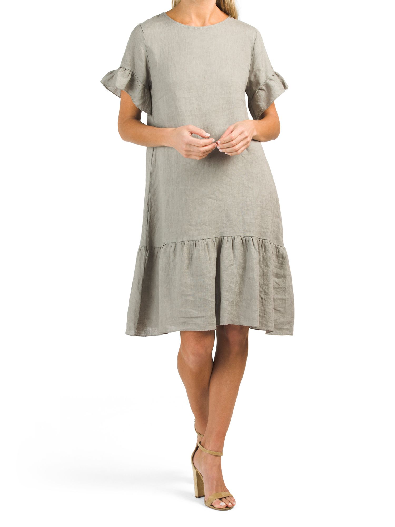 Made In Italy Linen Ruffle Short Sleeve Flounce Hem Dress | TJ Maxx