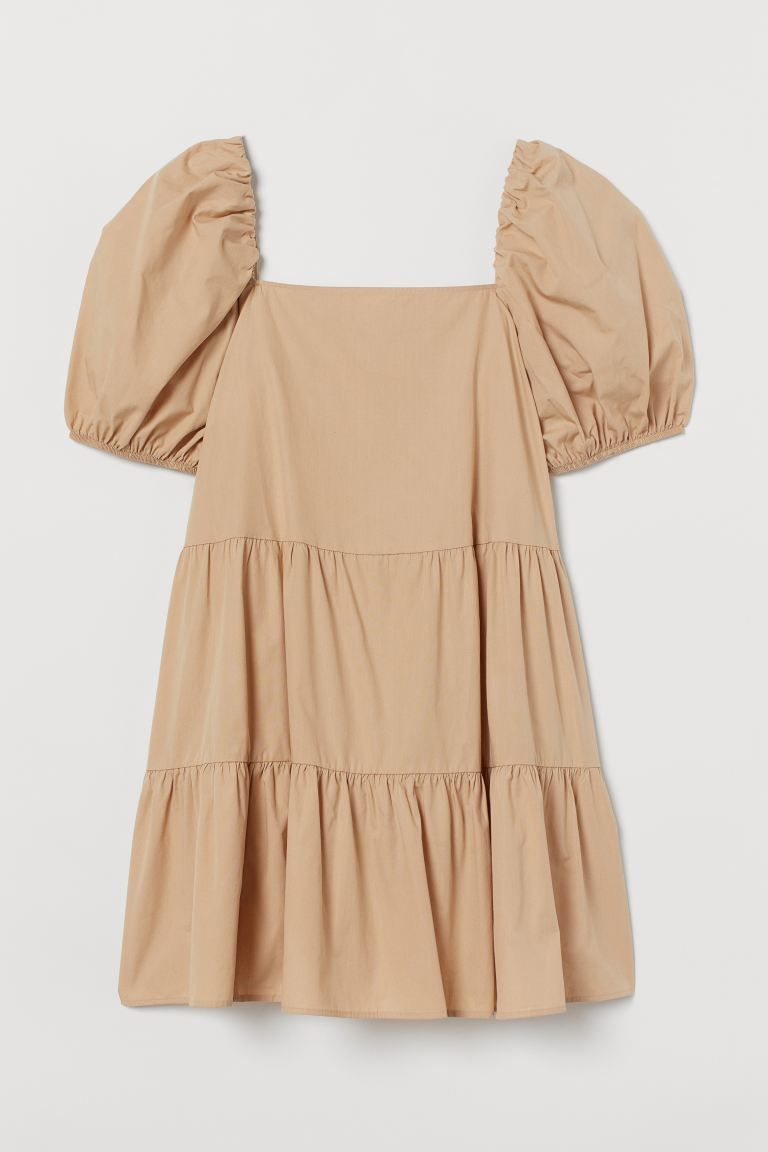 Short A-line dress in woven cotton fabric. Square neckline front and back, short puff sleeves wit... | H&M (US)